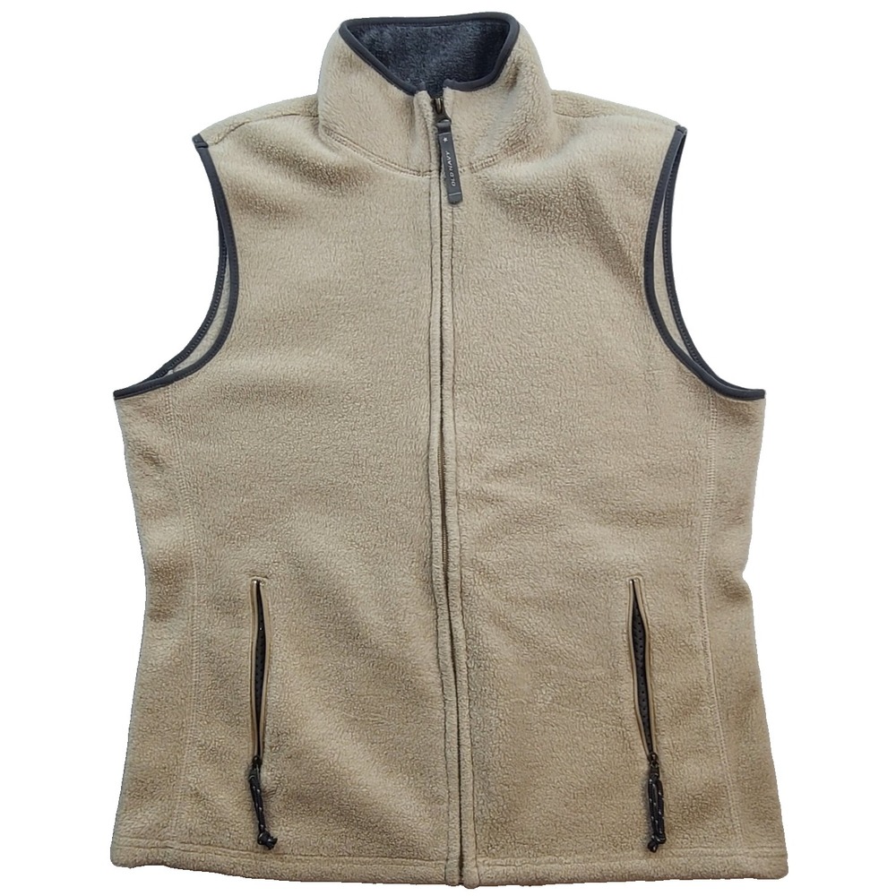 Old Navy Fleece Vest Large Beige Tan Full Zip Pockets Gray Trim Sleeveless Layer